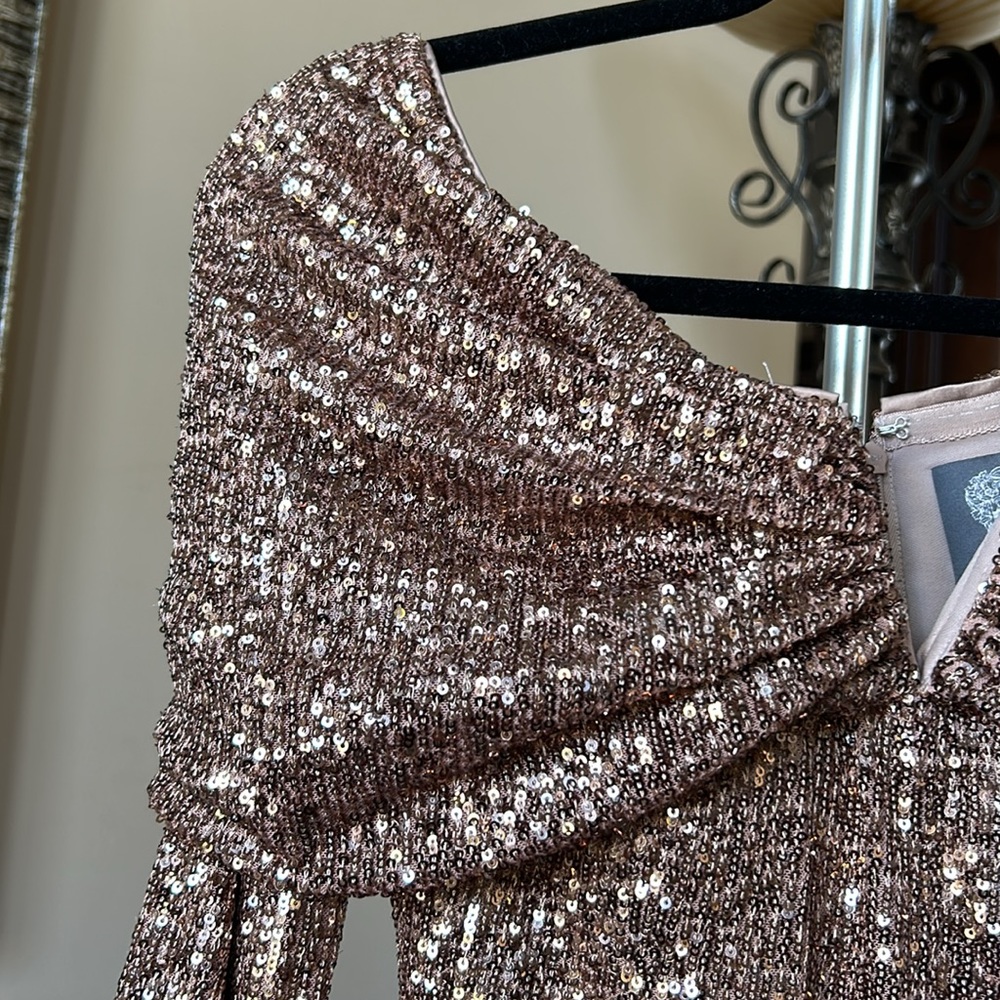 Vince Camuto Off-the-Shoulder Sequin Midi Dress | Cocktail | Wedding | Prom - Picture 3 of 5